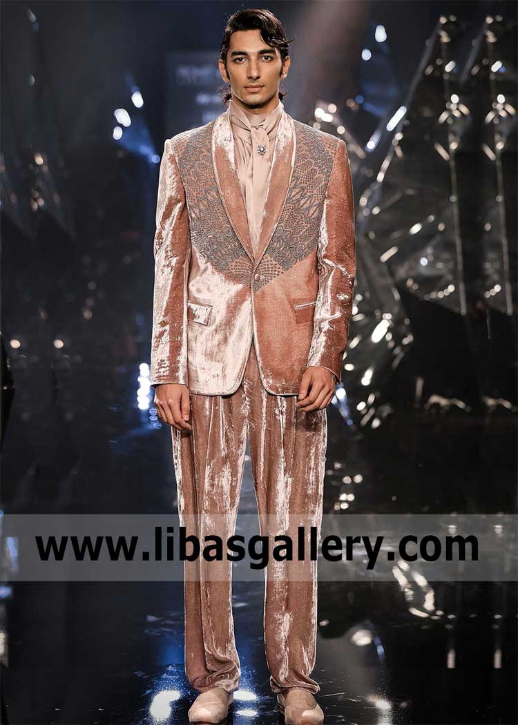 Dusty Rose Silk Velvet Metallic Bead Embroidered Tuxedo Set